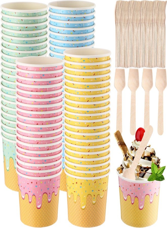 Ninehaoou 100 Pack Paper Ice Cream Cups with Spoons Paper Dessert Cups Colorful Sundae Bowls Disposable Ice Cream Containers for Hot Soup Summer Graduation Bar Party Supplies (6 oz) - Image 1